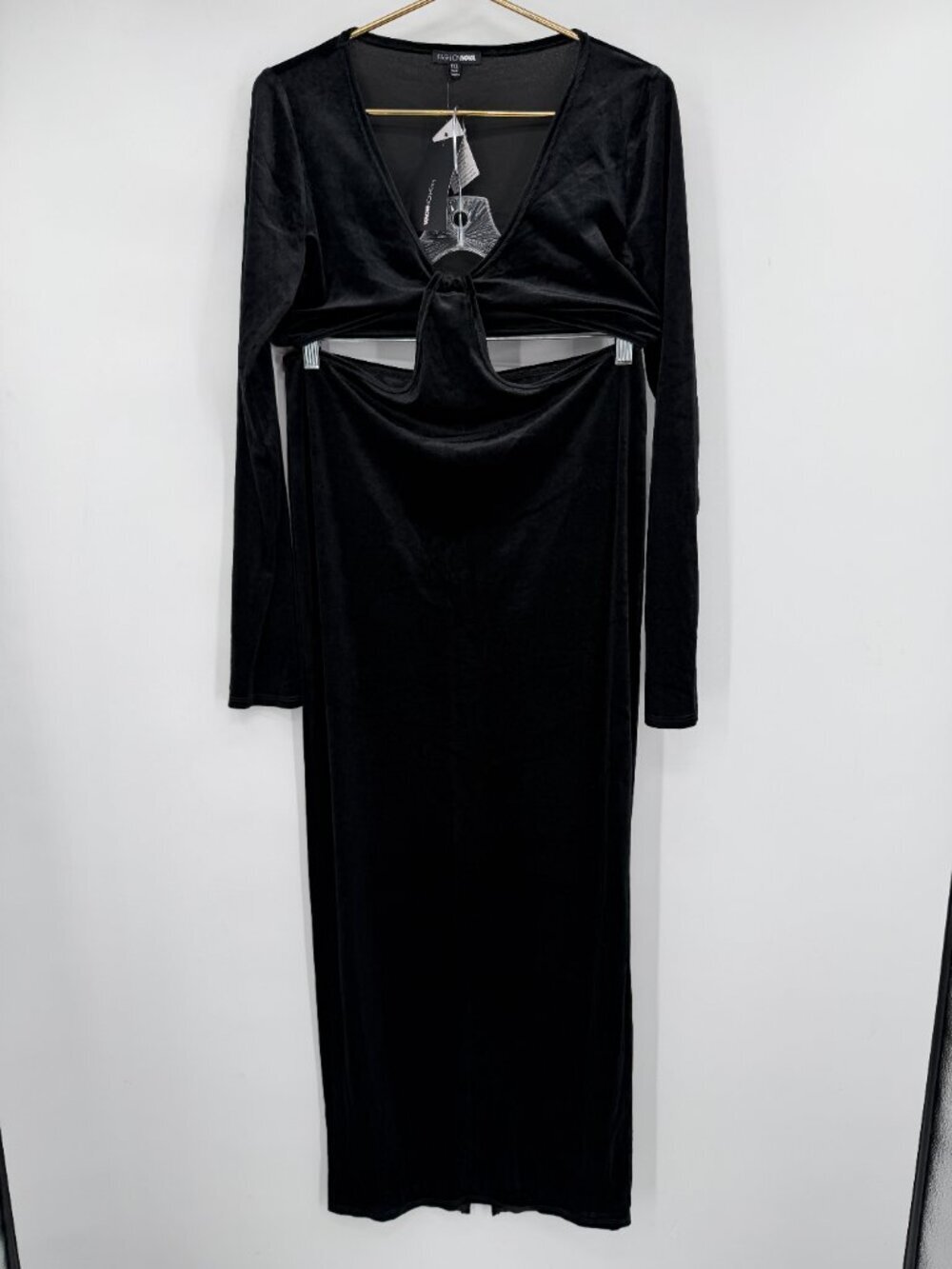 Fashion Nova Plus Pure Velvet Maxi Dress Black Long Sleeve Cutout Bodycon 1X NWT
